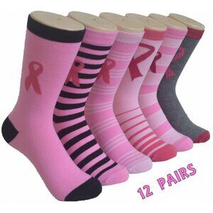 12 Pairs Womens Assorted Breast Cancer Awareness Pink Ribbon Crew Socks
